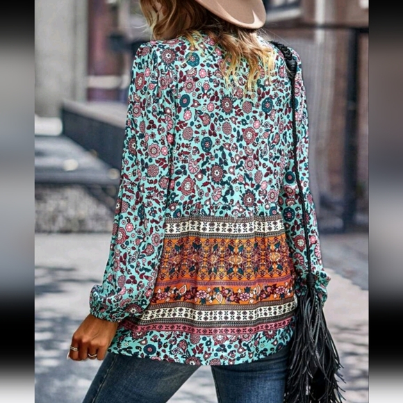 Floral Colorblock Tie Neck Puff Sleeve Peplum Top Blouse Shirt - Picture 2 of 5